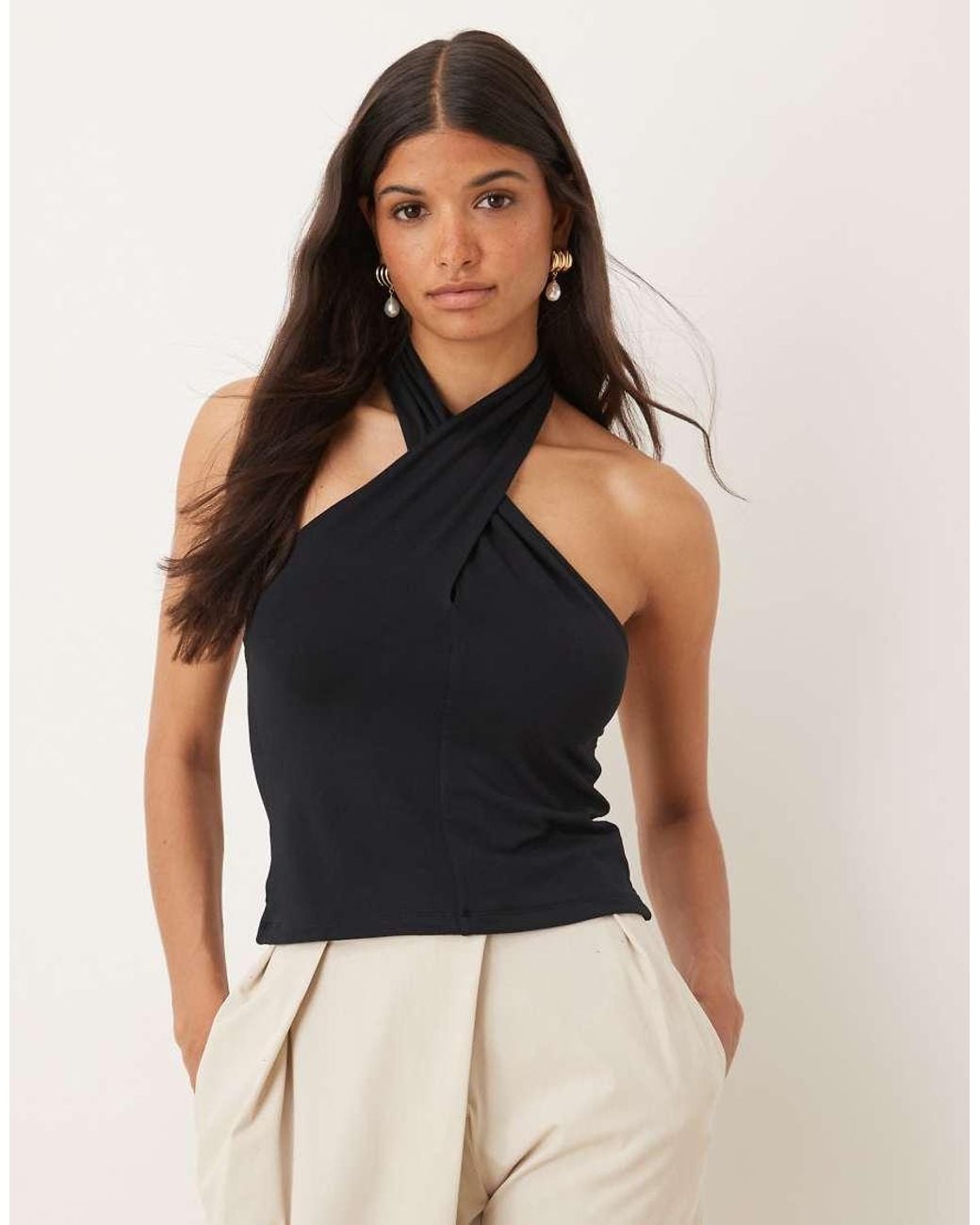 ASOS Blue Cross Over Neck Button Through Halter Top