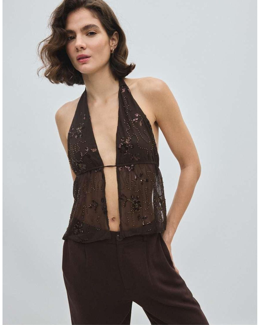 Stradivarius Brown Embroidered Halter Top With Rhinestones