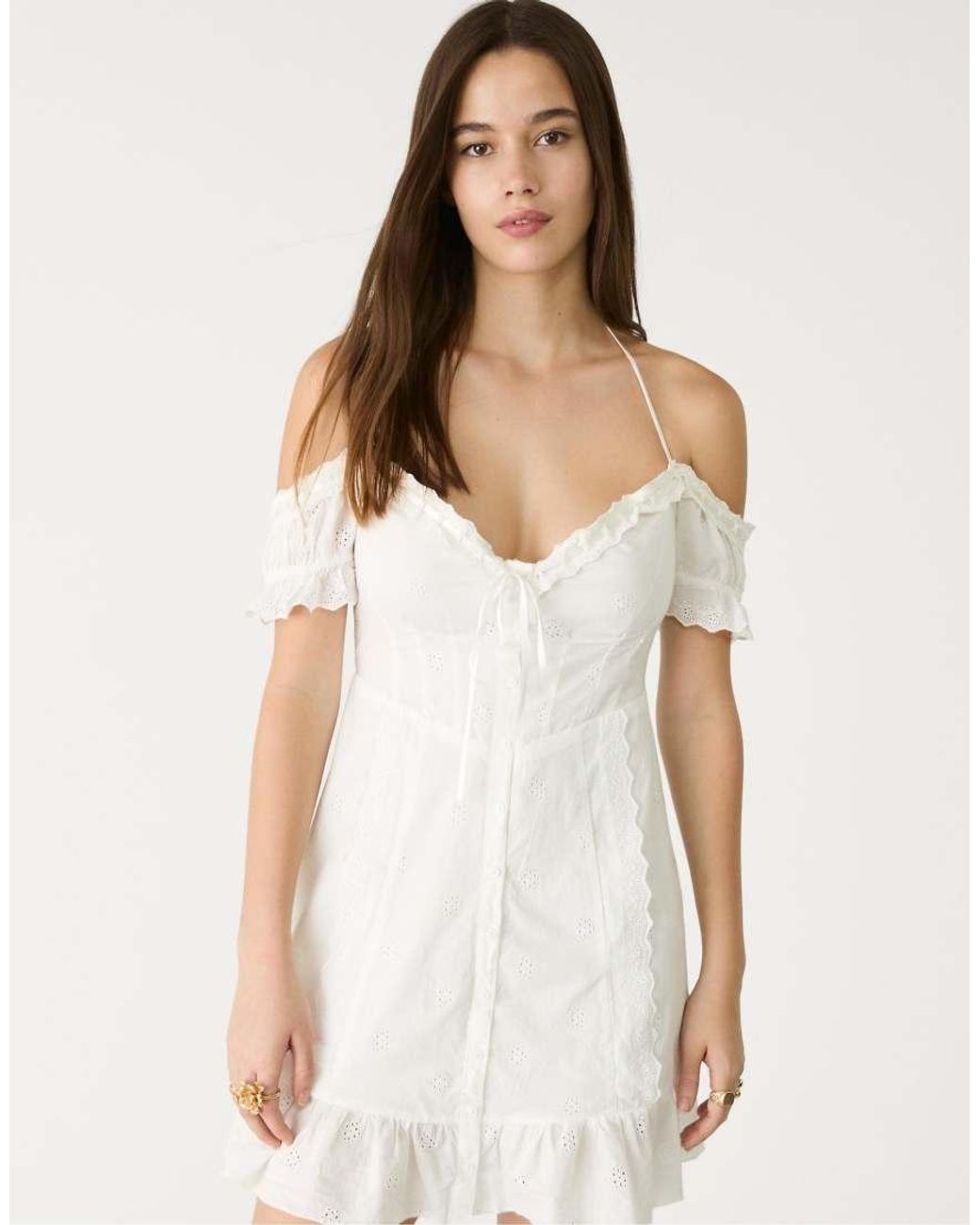 Stradivarius Natural Short Flowing Embroidered Dress