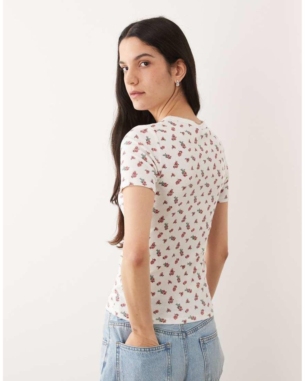 Jdy Brown Rose Flower Print Ribbed T-shirt