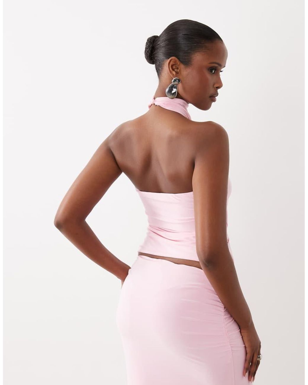 Missy Empire Pink Double Sculpted Slinky Neck Choker Detail Halterneck Top