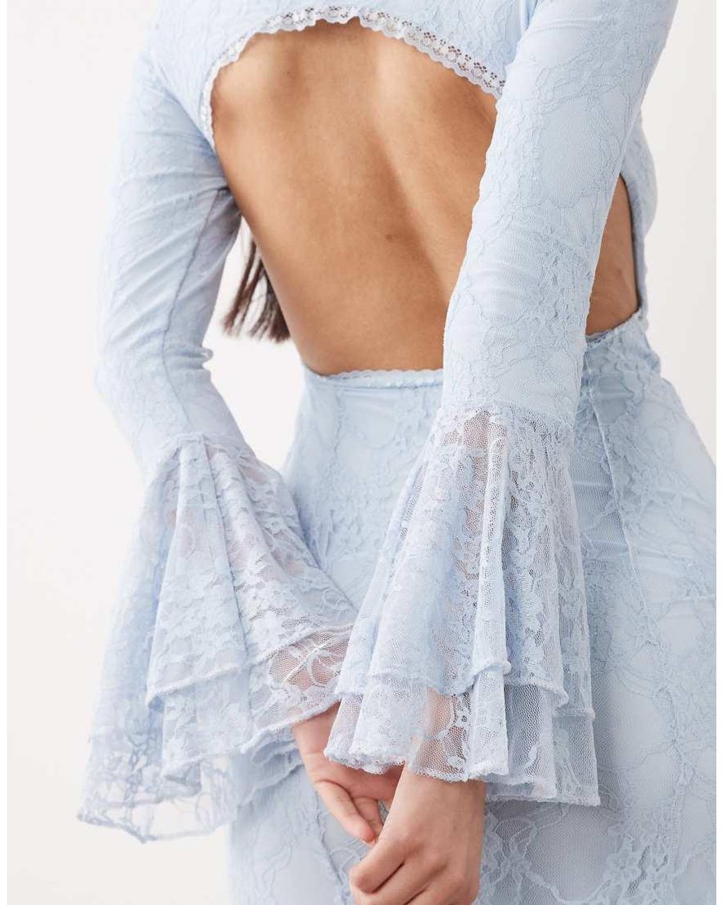 ASOS Blue Lace Maxi Dress With Godet Inserts And Flute Sleeve