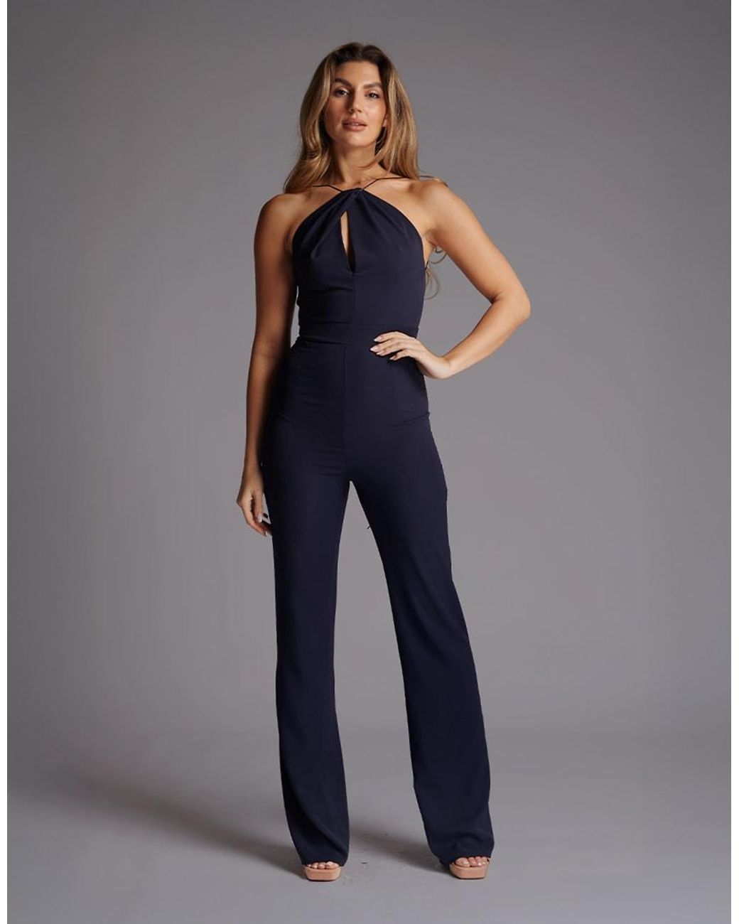 Vesper Blue Halterneck Open Back Wide Leg Jumpsuit