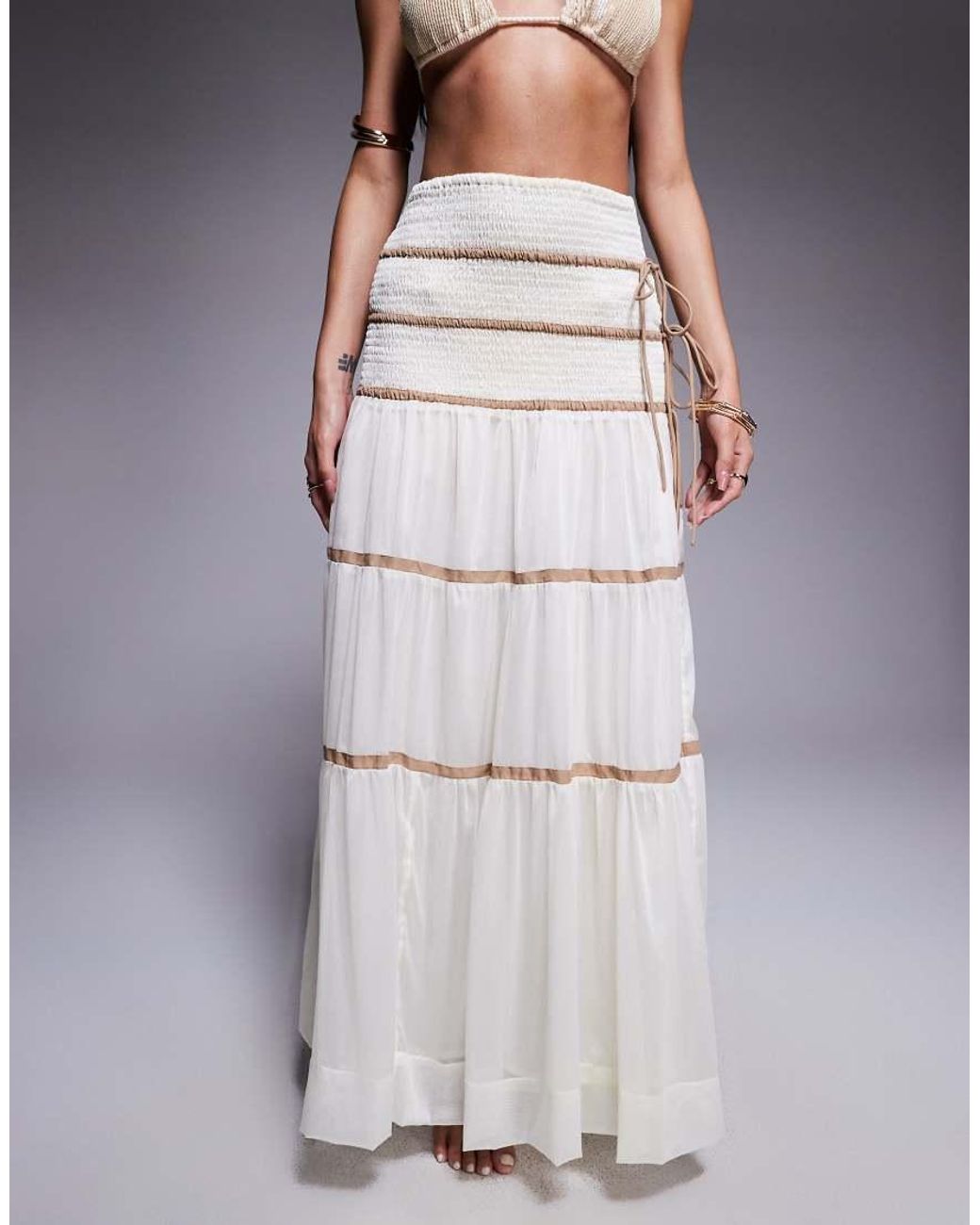 South Beach Gray Tiered Beach Maxi Skirt With Contrast Piping