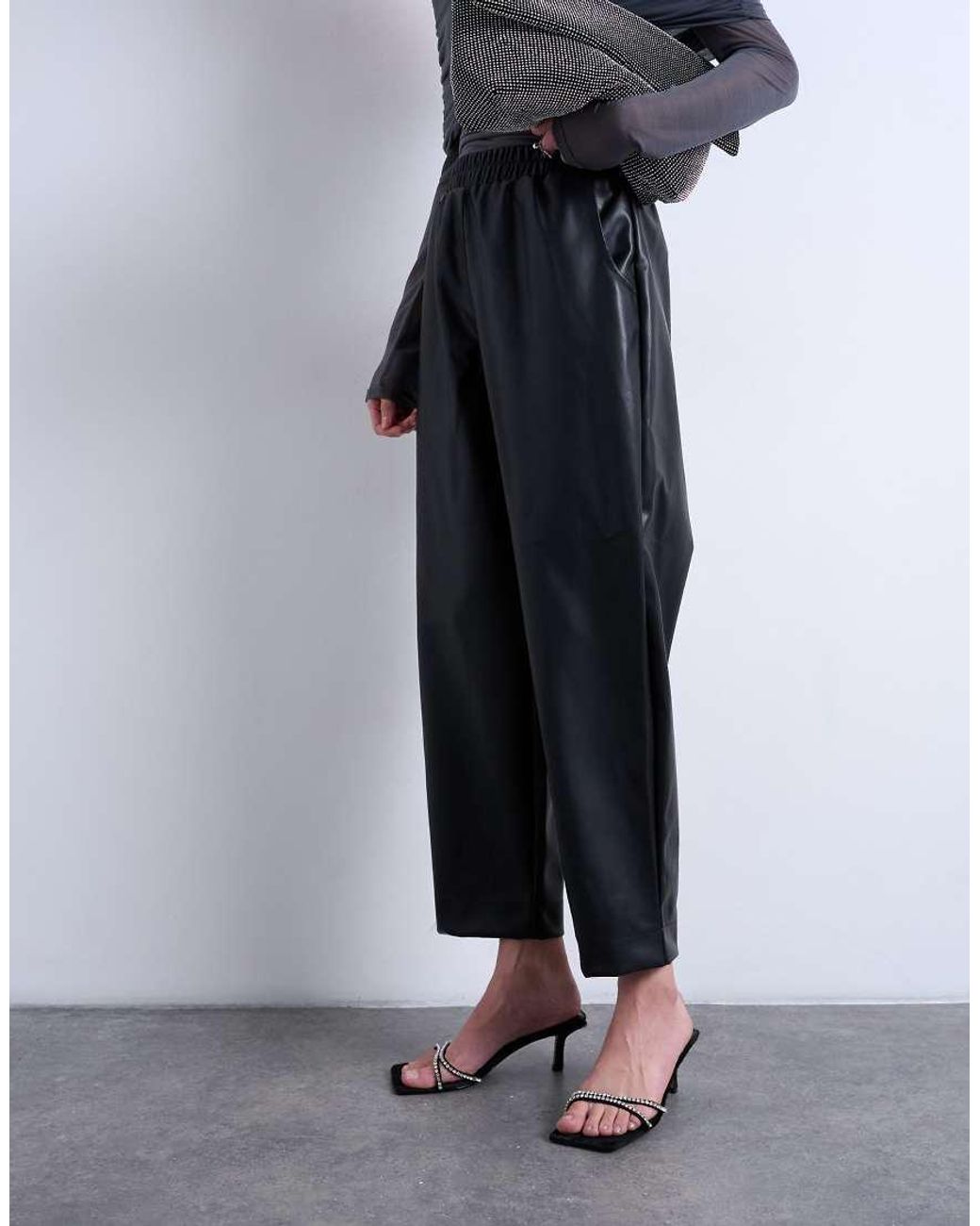 TOPSHOP Blue Faux Leather Awkward Length Pull On Trouser