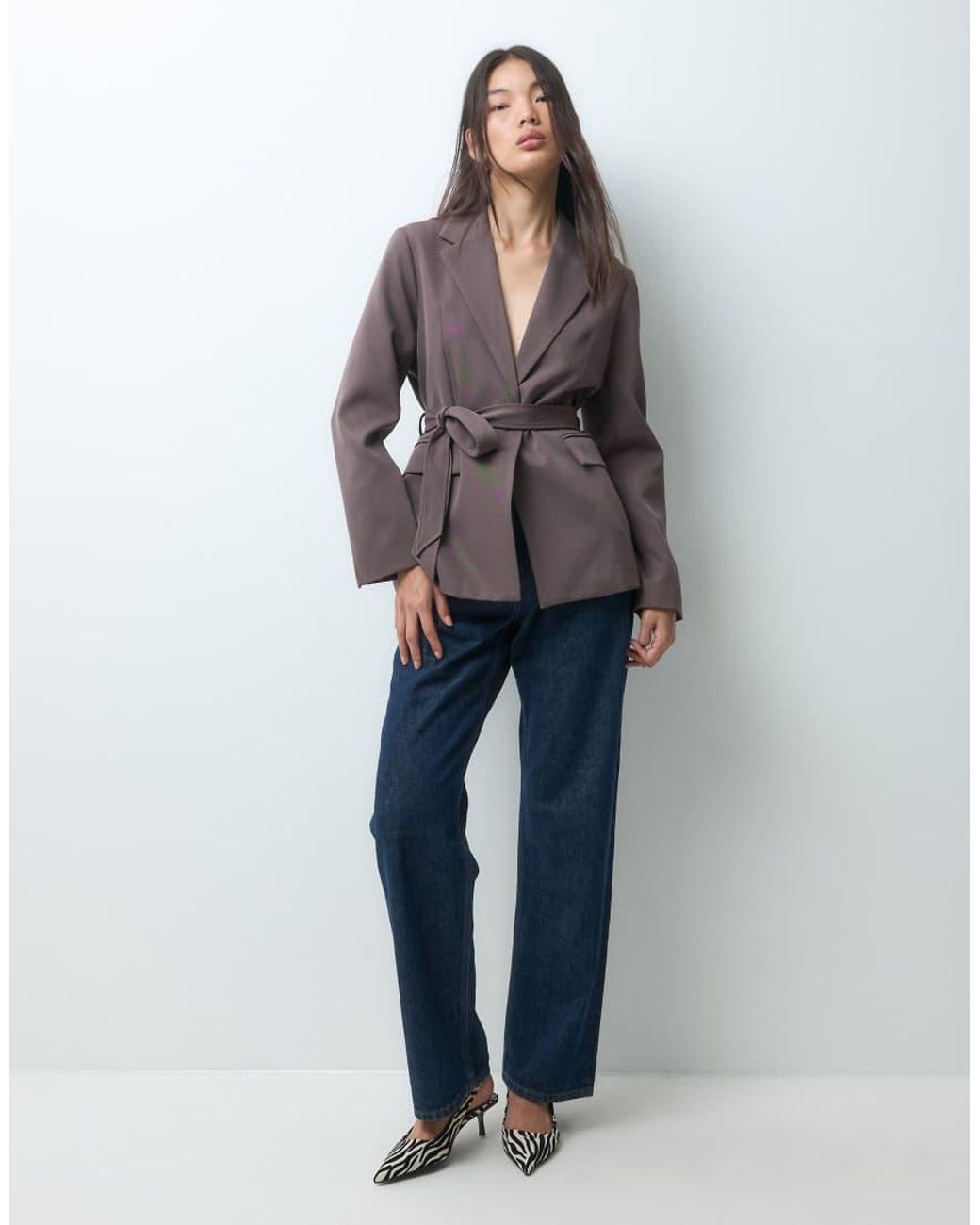 BRONZE SNAKE Gray Cinched Waist Blazer With Tie