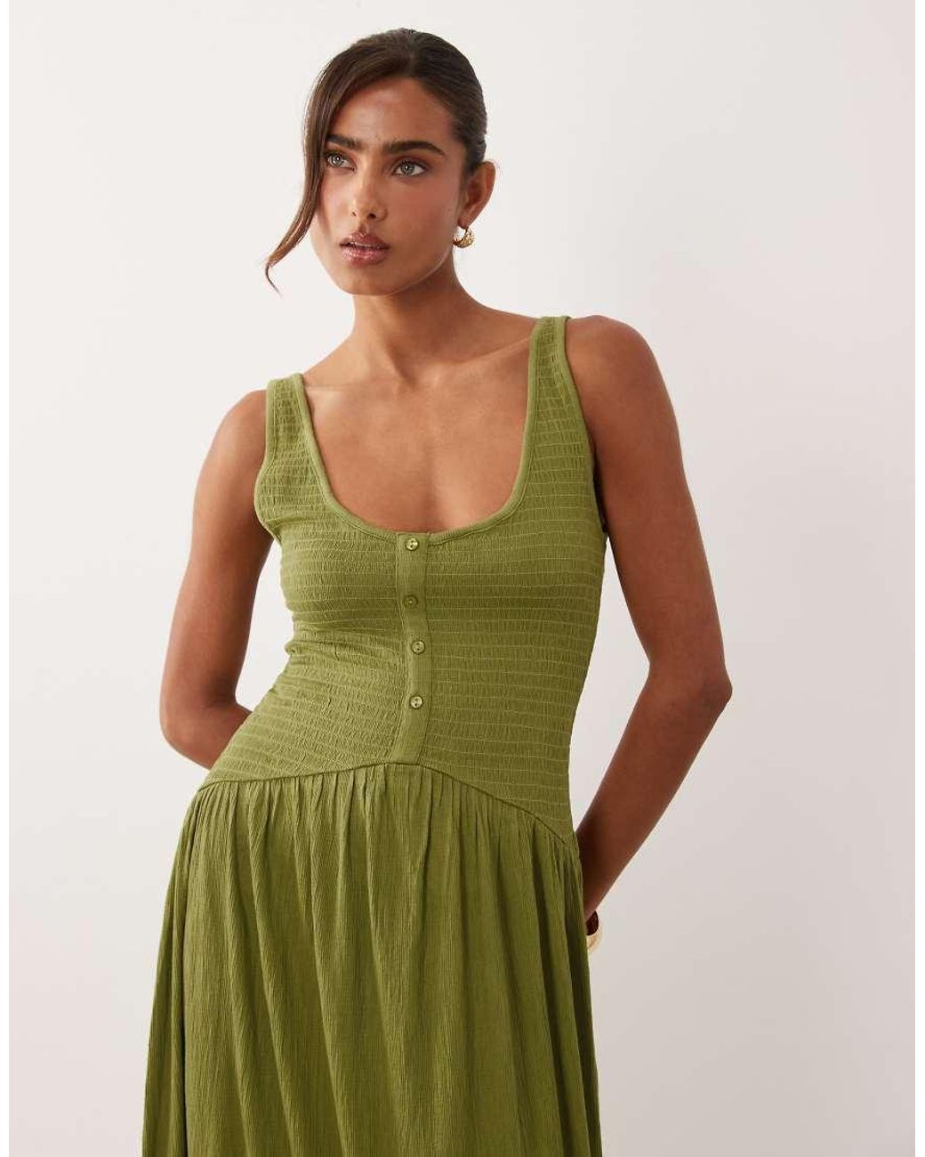 ASOS Green Crinkle Button Through Midi Dress