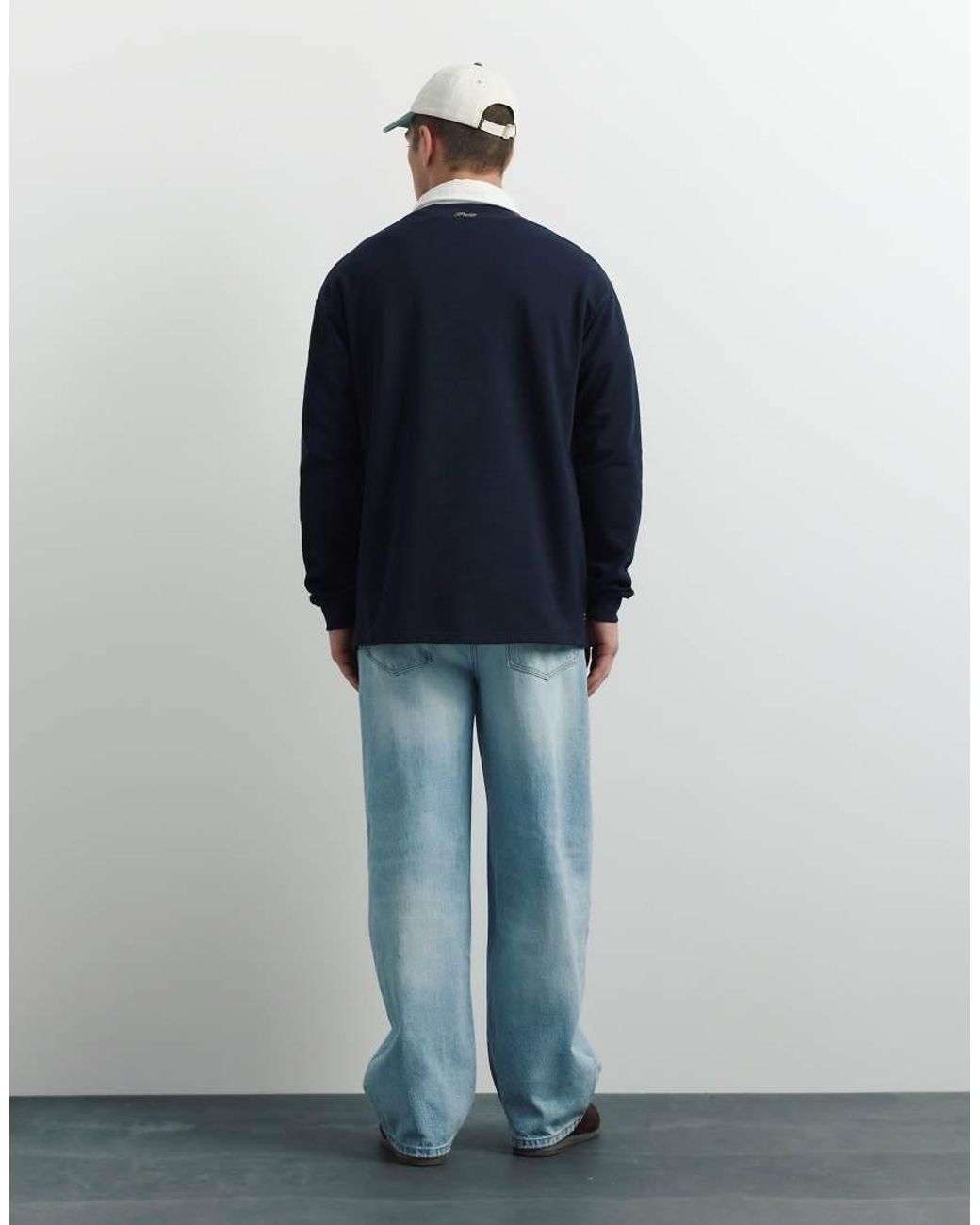 Pull&Bear Blue Long Sleeve Polo Shirt for men