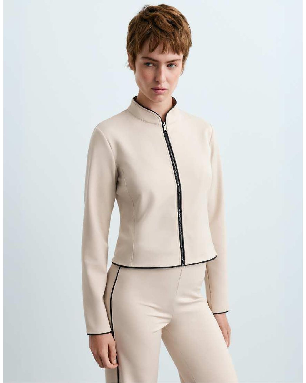 Oysho White Neoprene-Effect Jacket With Mandarin Collar And Piping