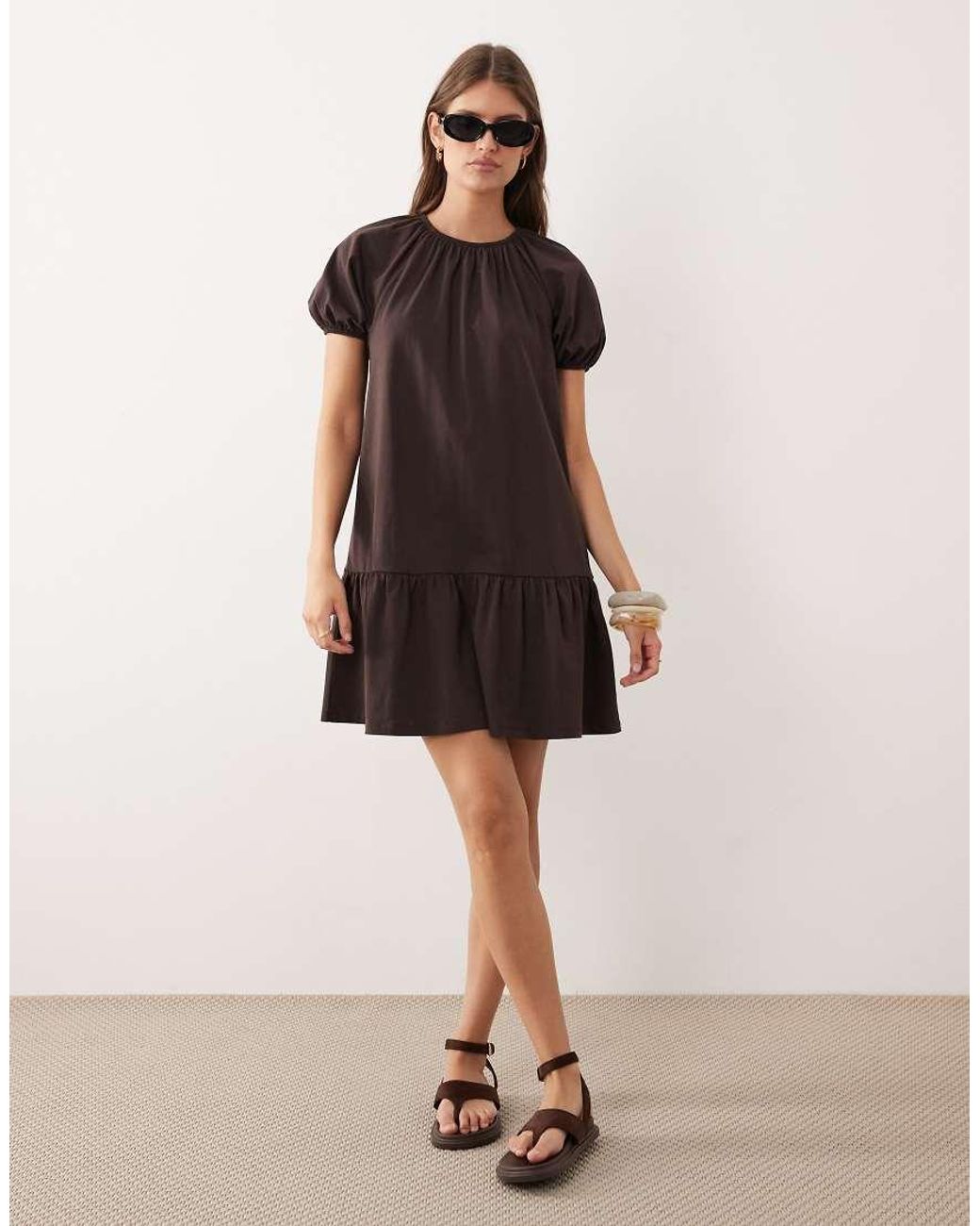 ASOS Brown Puff Sleeve Mini Dress With Gathering Details