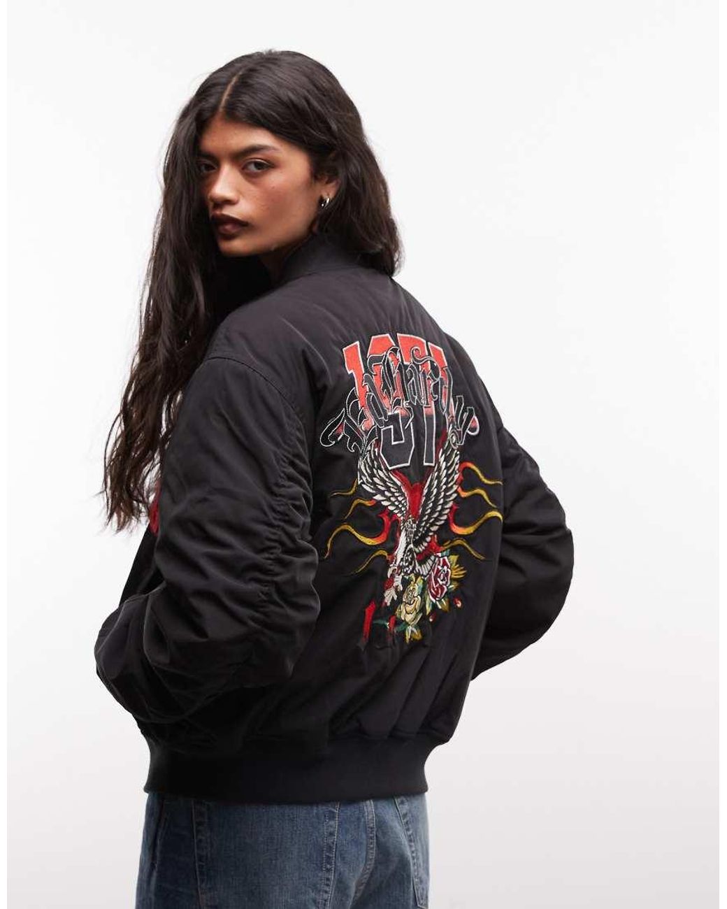 Ed Hardy Black Gothic Flaming Eagle Ruched Sleeve Bomber Jacker