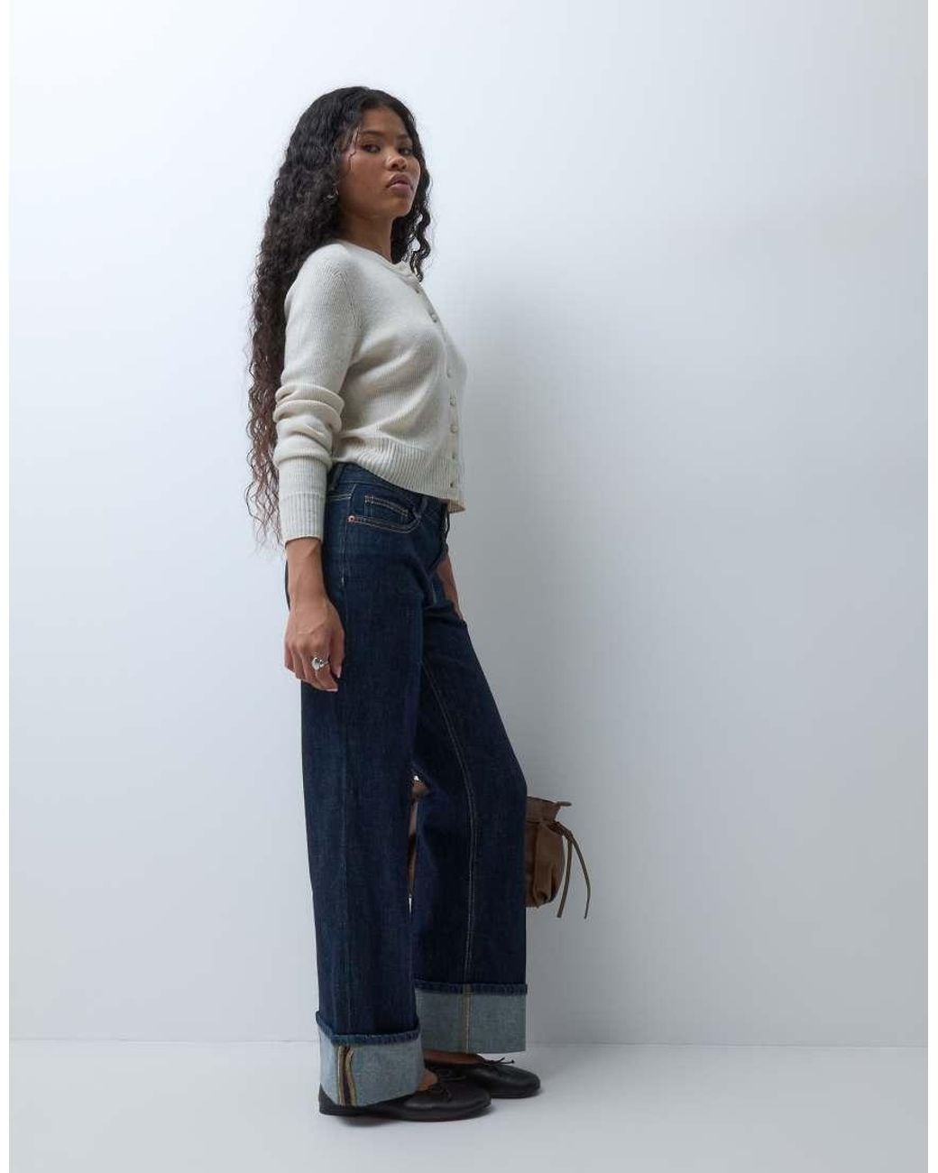 Vero Moda Blue Allison Mid Rise Straight Leg Seam Detail Jeans With Fold Up