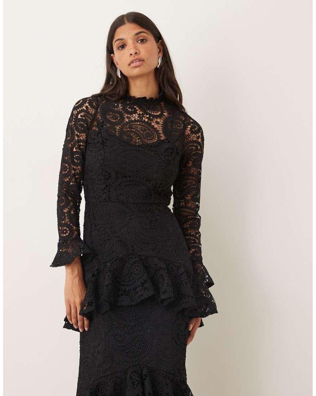 Maya Black High Neck Long Sleeve Lace Midaxi Dress