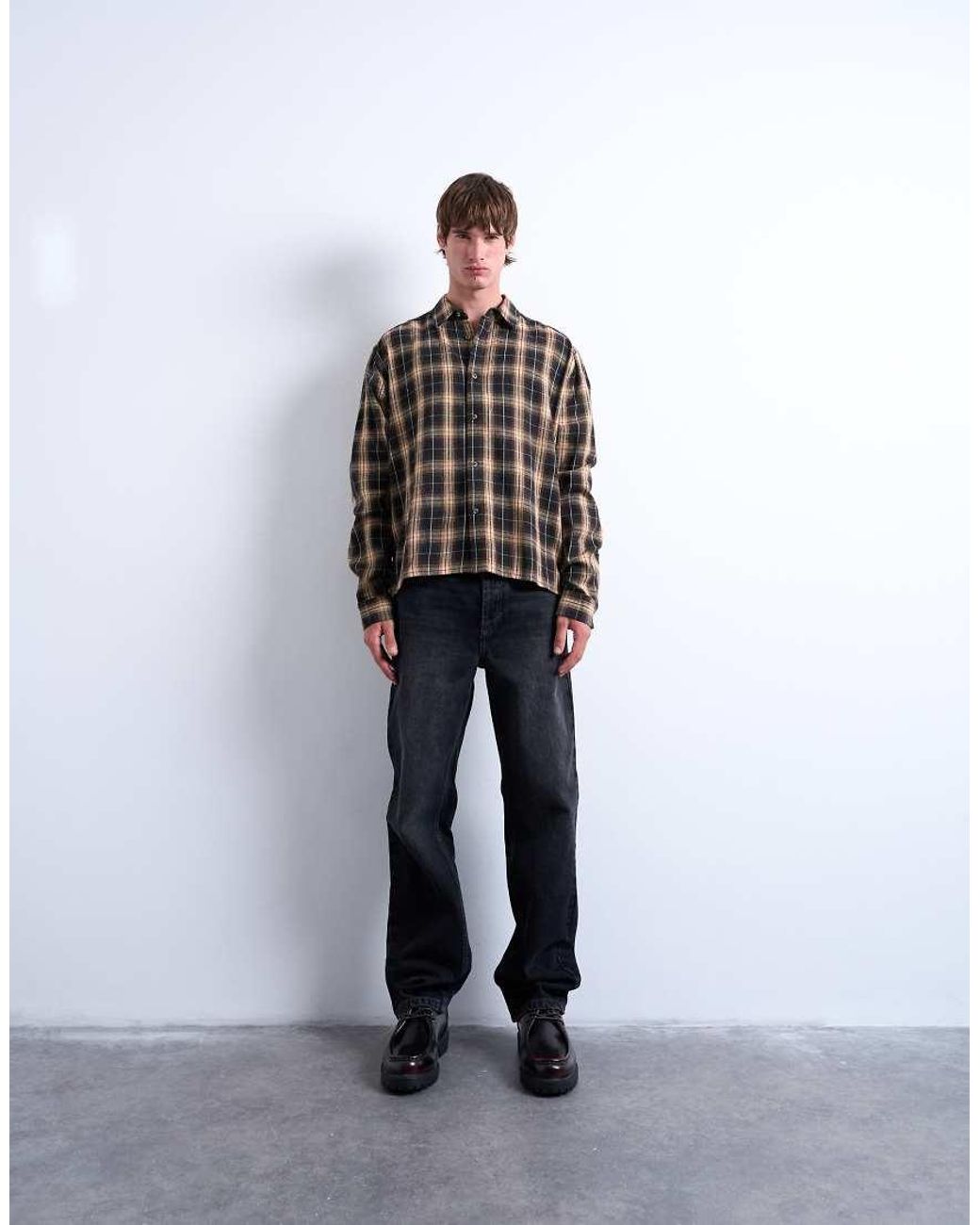 Topman Black Relaxed Fit Crop Flannel Shirt for men