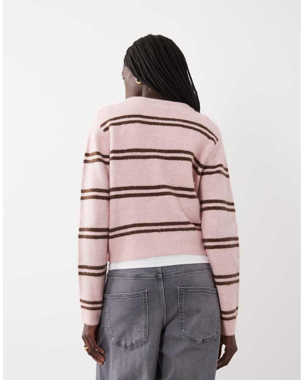 Brave Soul Pink Crew Neck Cardigan With Double Stripe