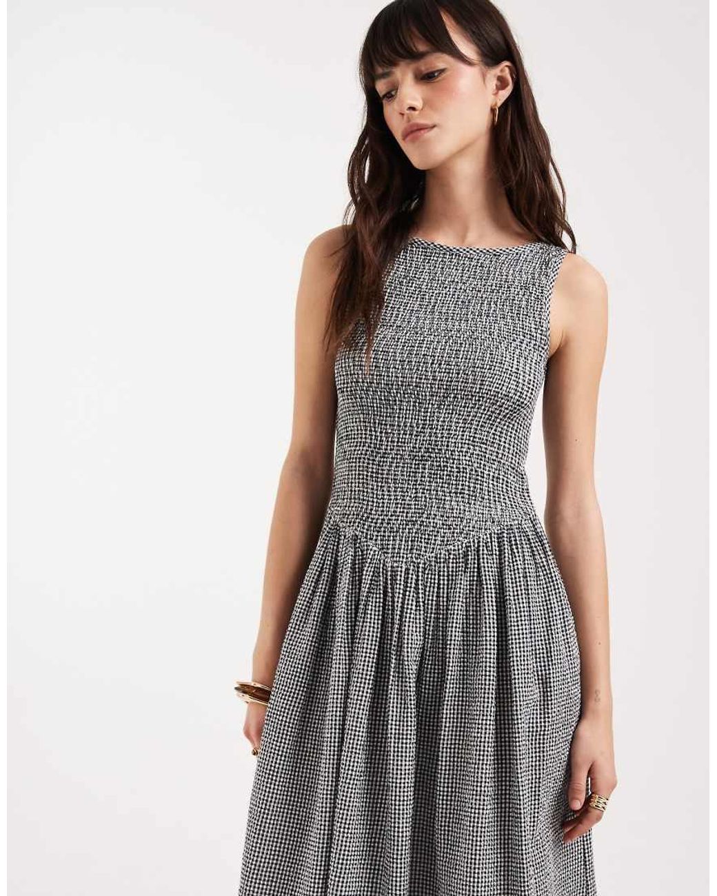 JJXX Gray Seersucker Check Midi Dress