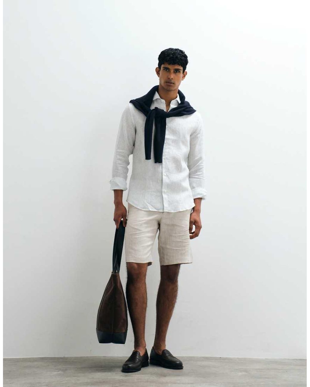 Mango White 100% Linen Striped Shirt for men