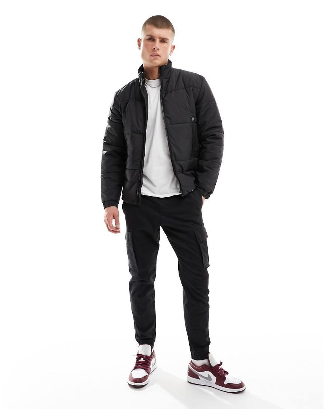 Only & Sons Black Funnel Neck Puffer Jacket for men