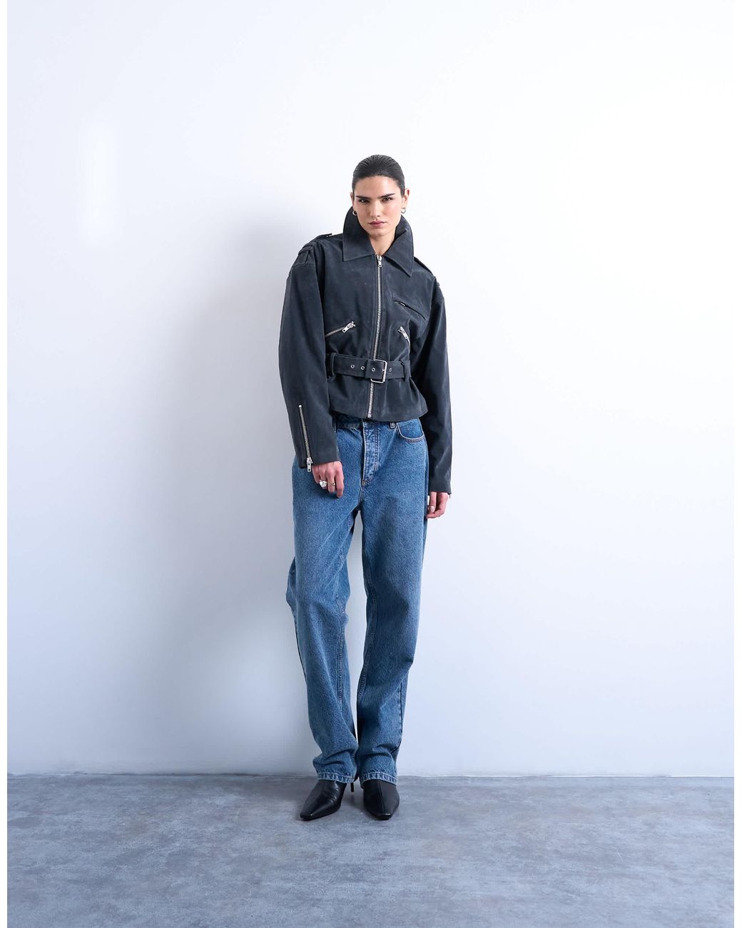 TOPSHOP Blue – bikerjacke aus wildlederimitat