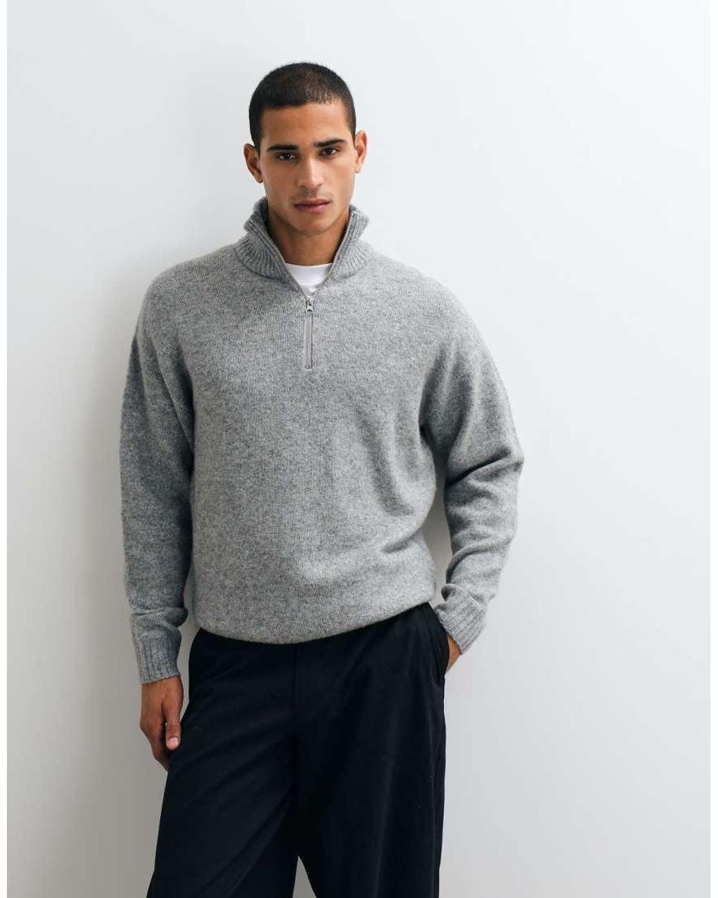 Jack & Jones Gray Oversized Fluffy 1/4 Zip Jumper for men