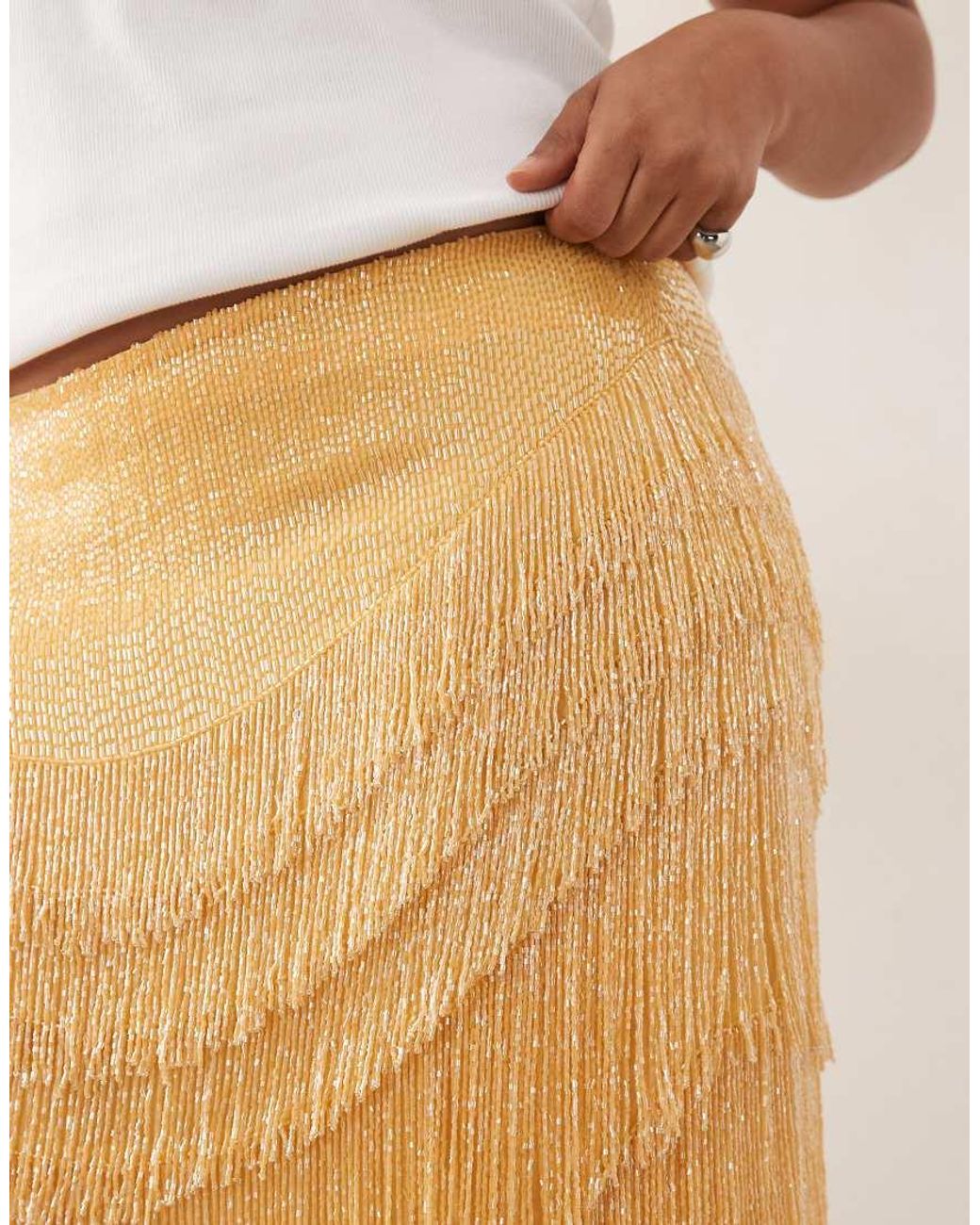 ARRANGE Natural Curve Beaded Fringe Column Midi Skirt