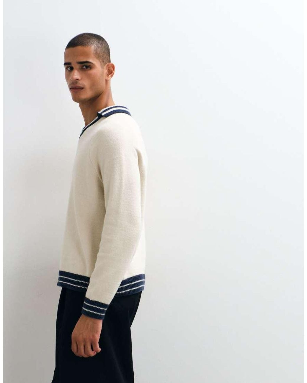 ASOS White Oversized Knitted V Neck Ringer for men
