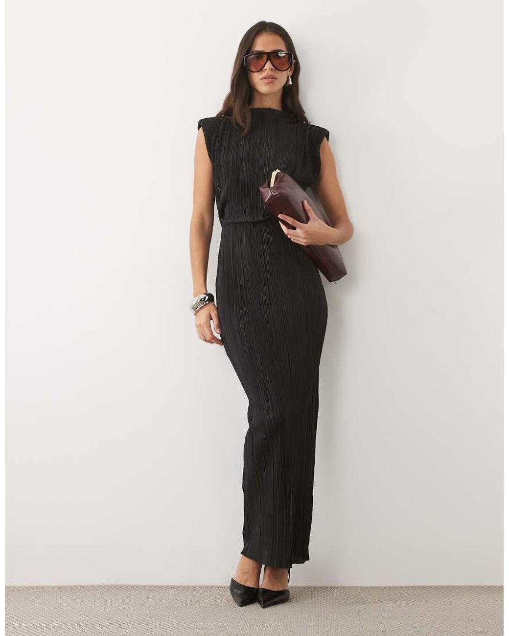 ASOS Black Plisse High Neck Column Midi Dress With Shoulder Pads