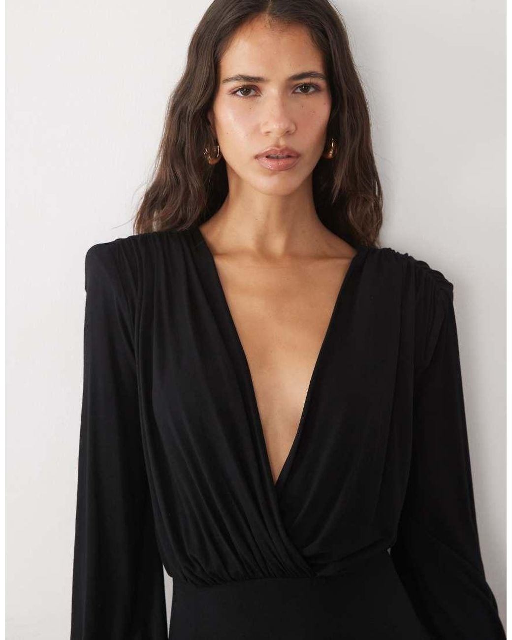 ASOS Black Long Sleeve Deep Plunge Maxi Dress With Shoulder Pads
