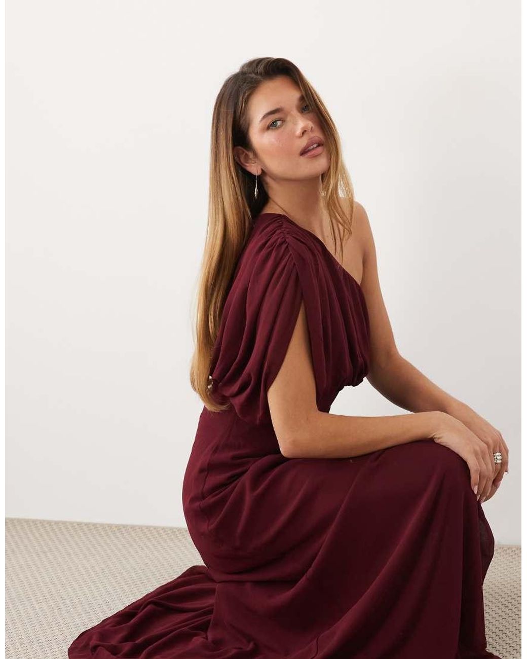 TFNC London Red Chiffon One Shoulder Draped Maxi Dress
