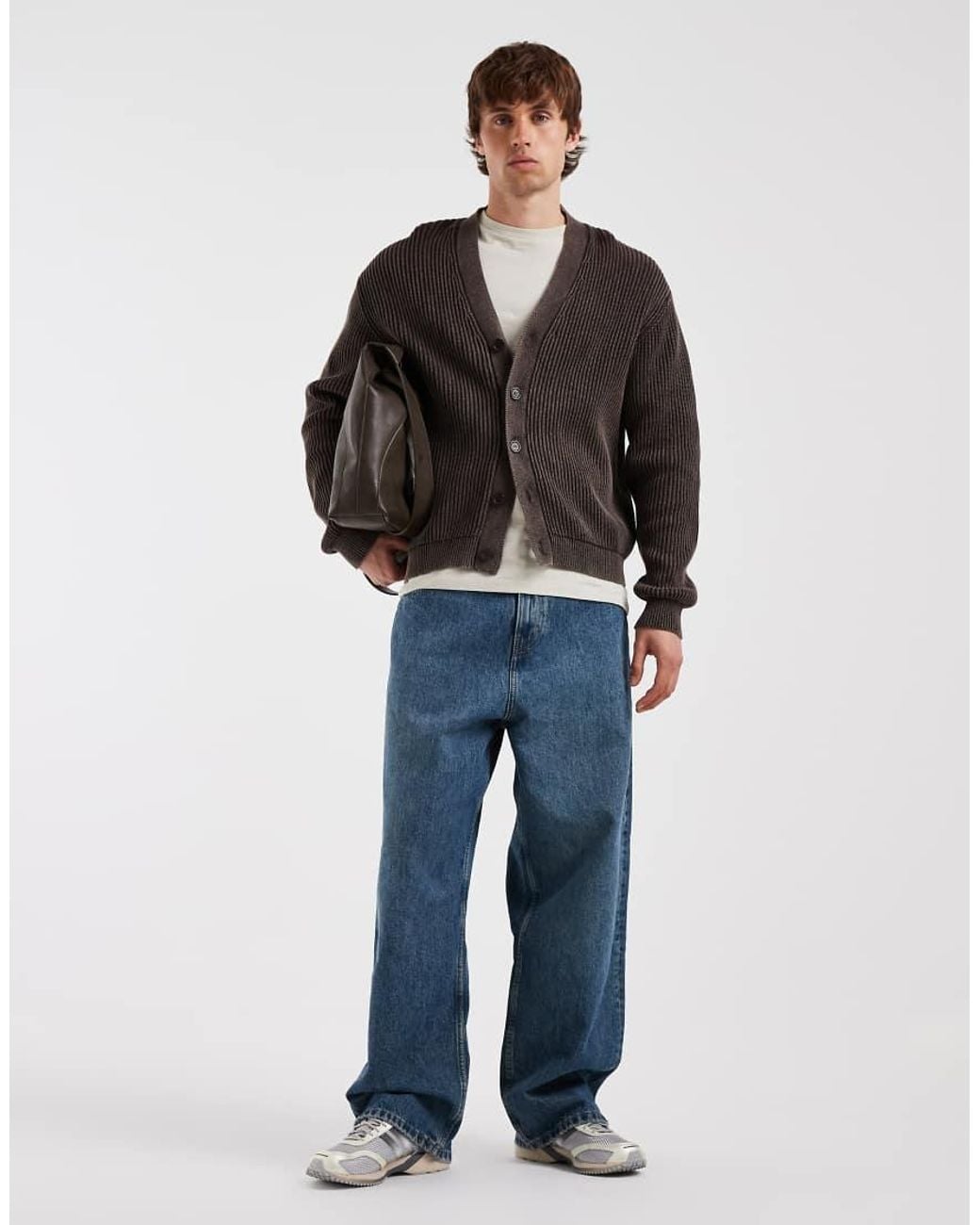 Redefined Rebel Black Boxy Oversized Washed Knitted Cardigan for men