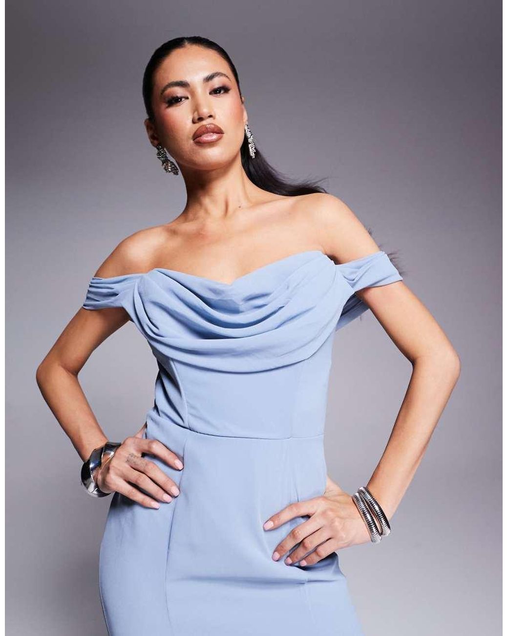 Goddiva Blue Chiffon Bardot Cowl Neck Maxi Dress