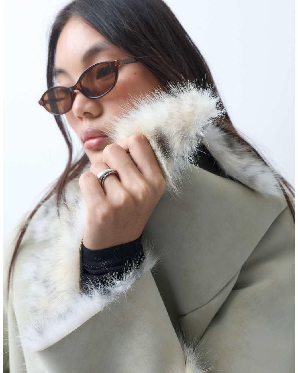 Reclaimed Vintage Blue Contrast Animal Faux Fur Longline Coat