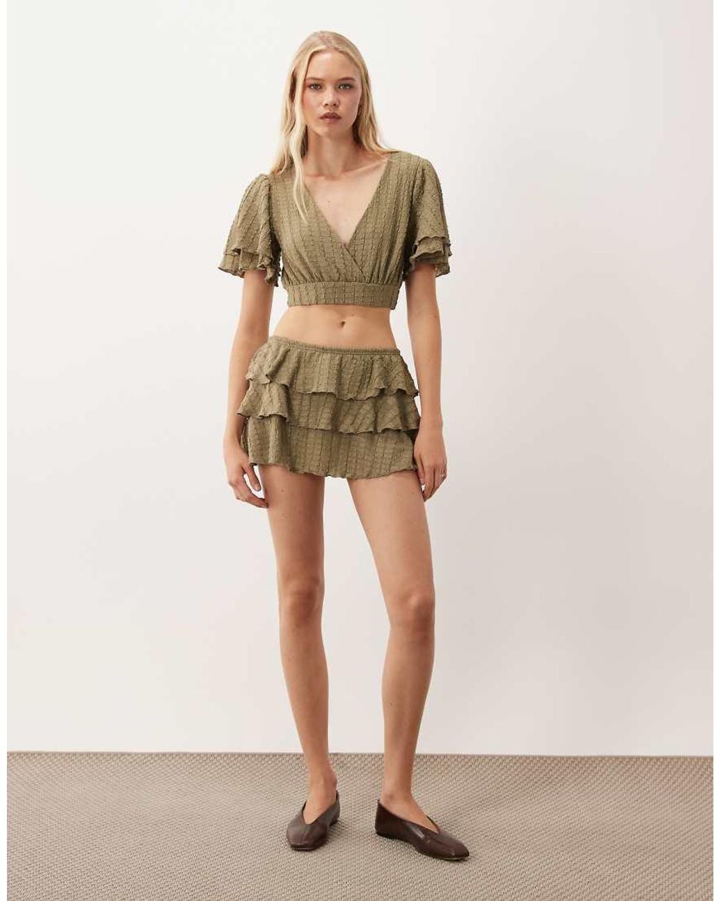 Miss Selfridge Brown Textured Wrap Frill Sleeve Top Co-Ord
