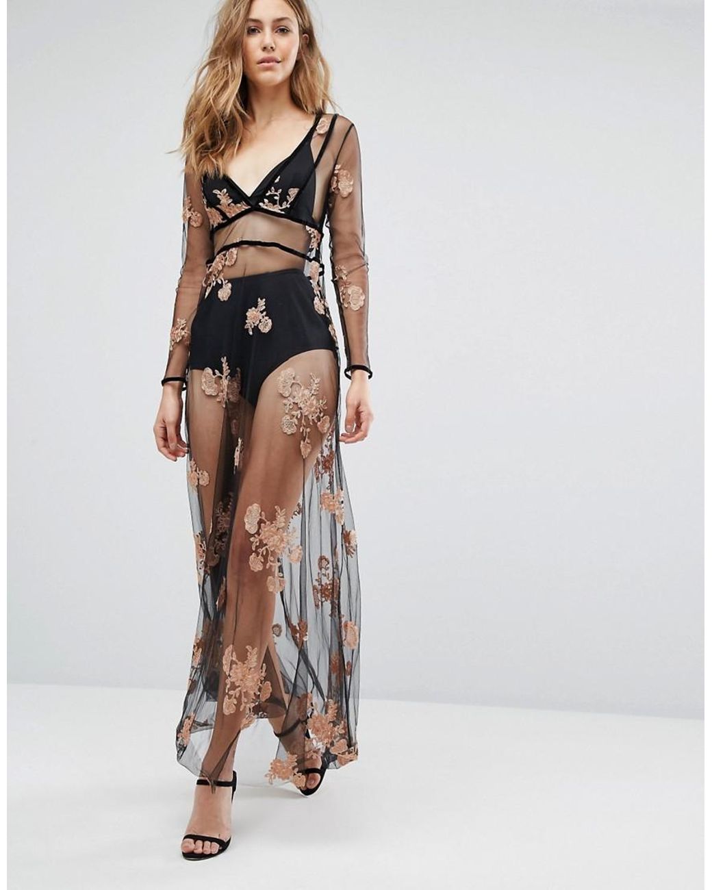 Boohoo Embroidered Mesh Sheer Maxi Dress in Black | Lyst