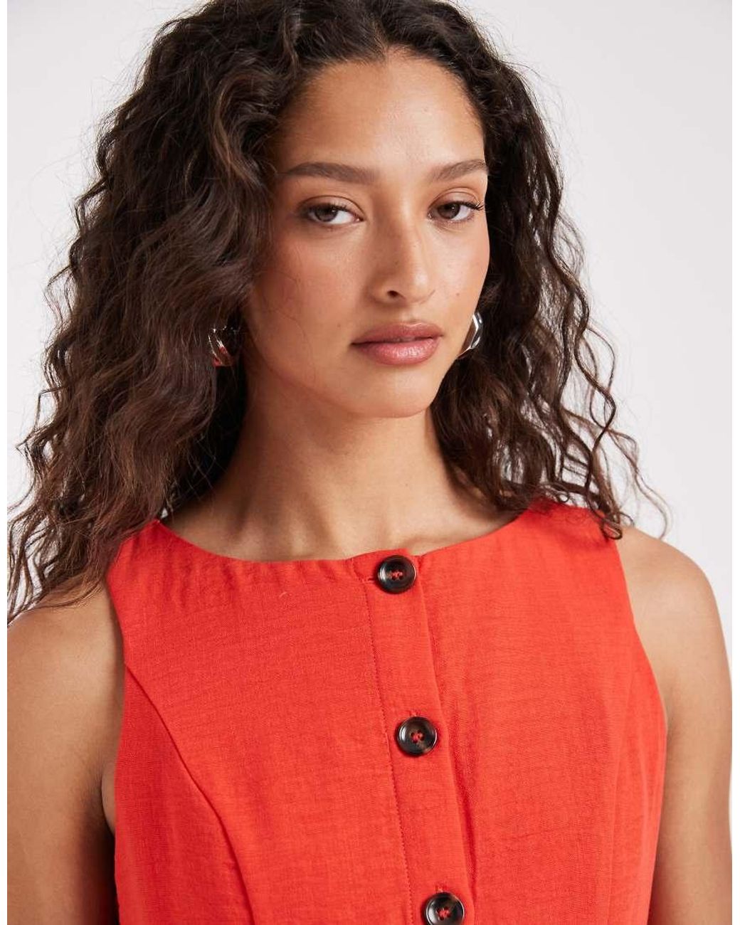 Vero Moda Red Linen Look Button Front Maxi Dress