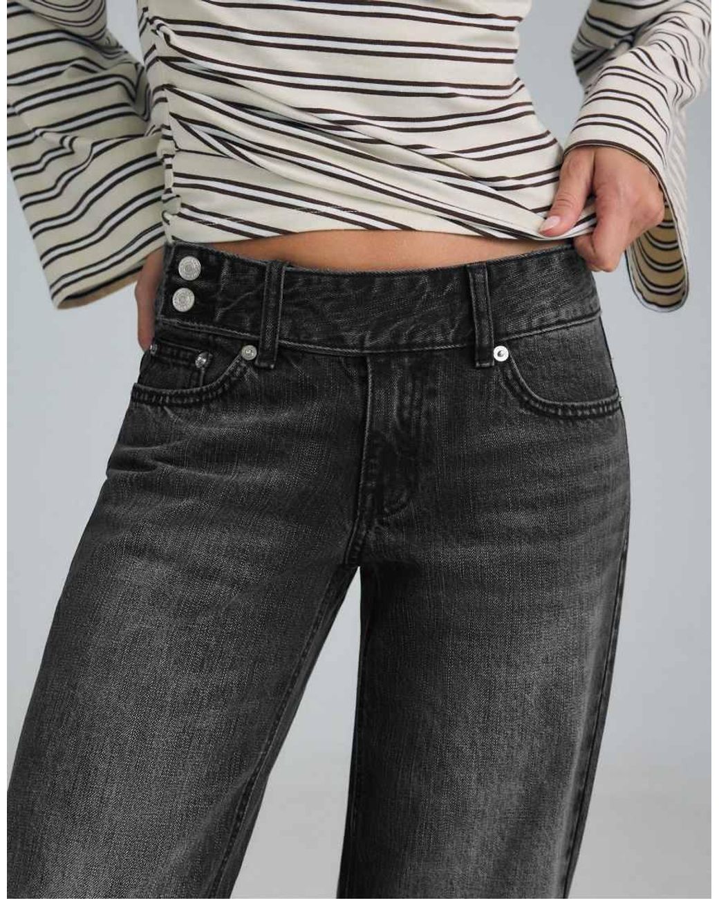 Stradivarius Gray Low-rise Straight-leg Jeans With Hammer Waistband