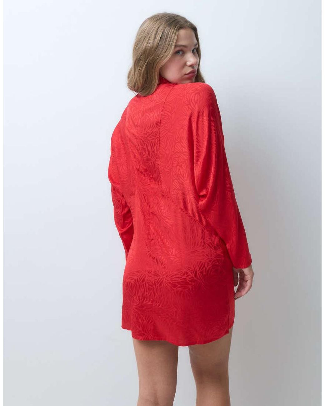 ASOS Red Asos Design Petite High Neck Batwing Satin Jacquard Mini Dress