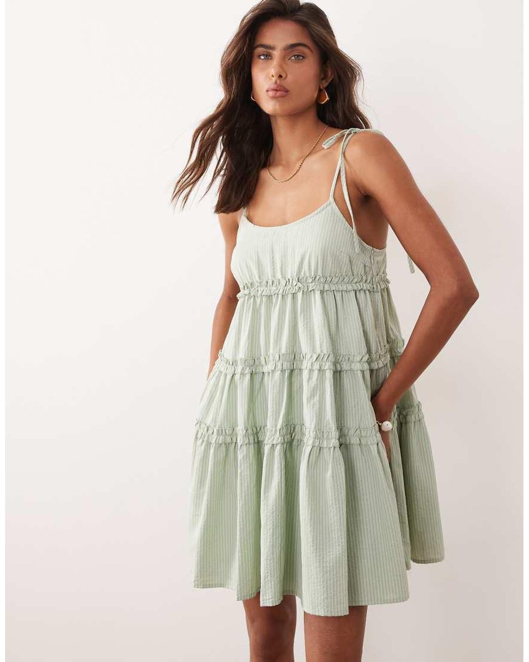 Daisy Street Natural Chuck On Tiered Ruffle Smock Mini Dress