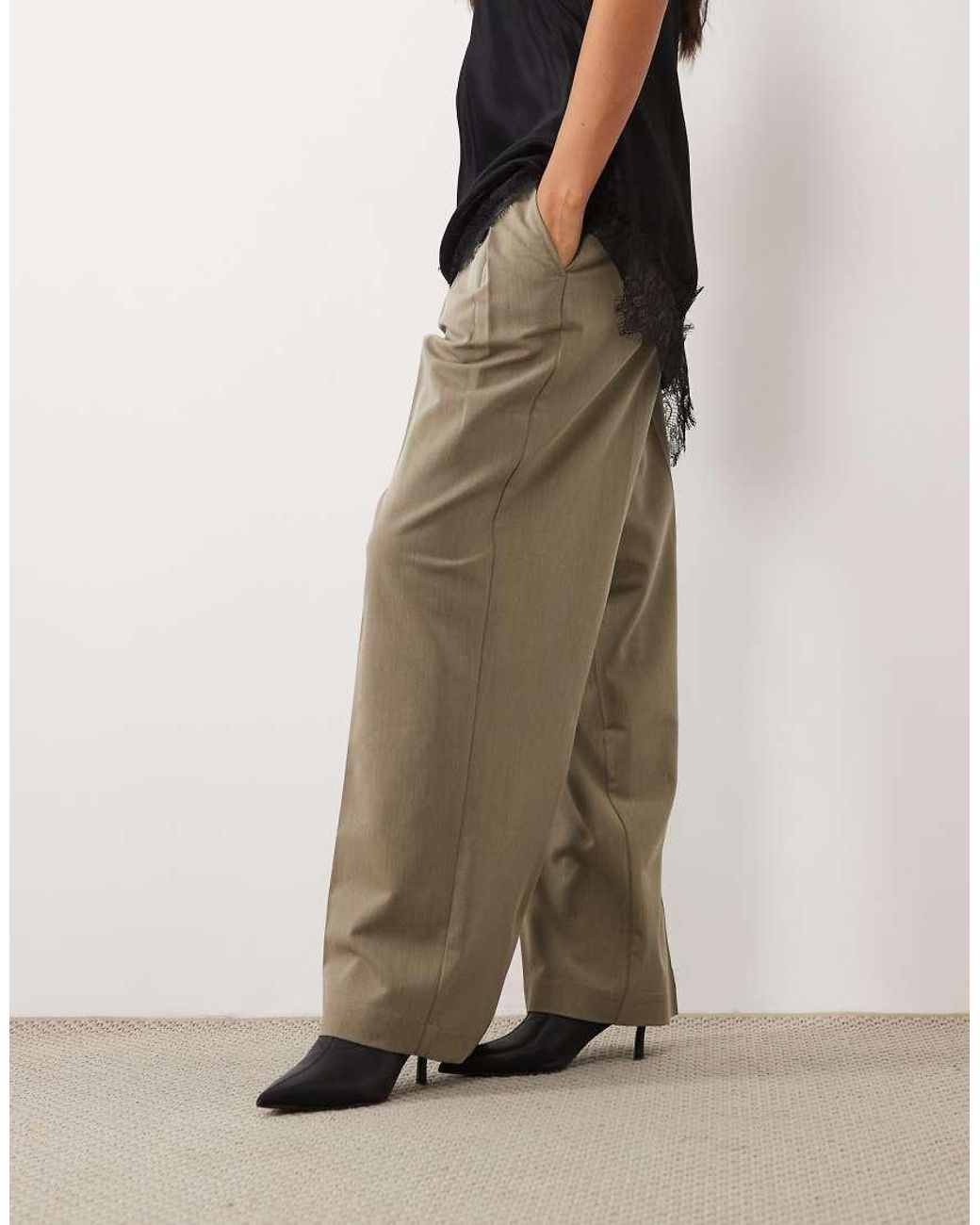 ASOS Green Petite Tailored Wide Leg Trousers With Pleat Detail
