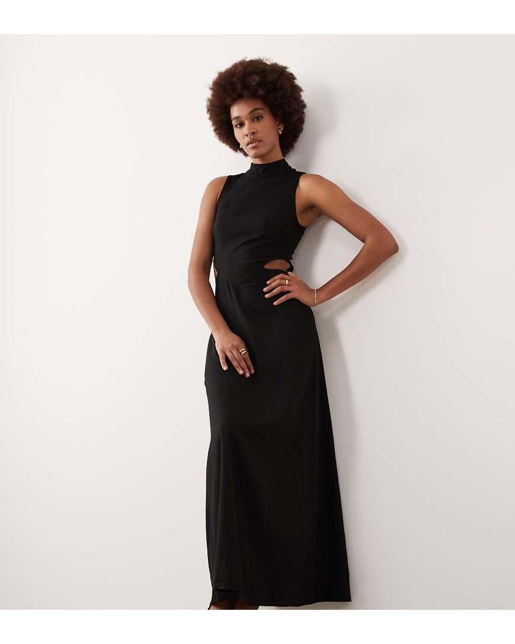 ASOS Black Asos Design Tall High Neck Linen Look Midaxi Dress With Cutout Waist