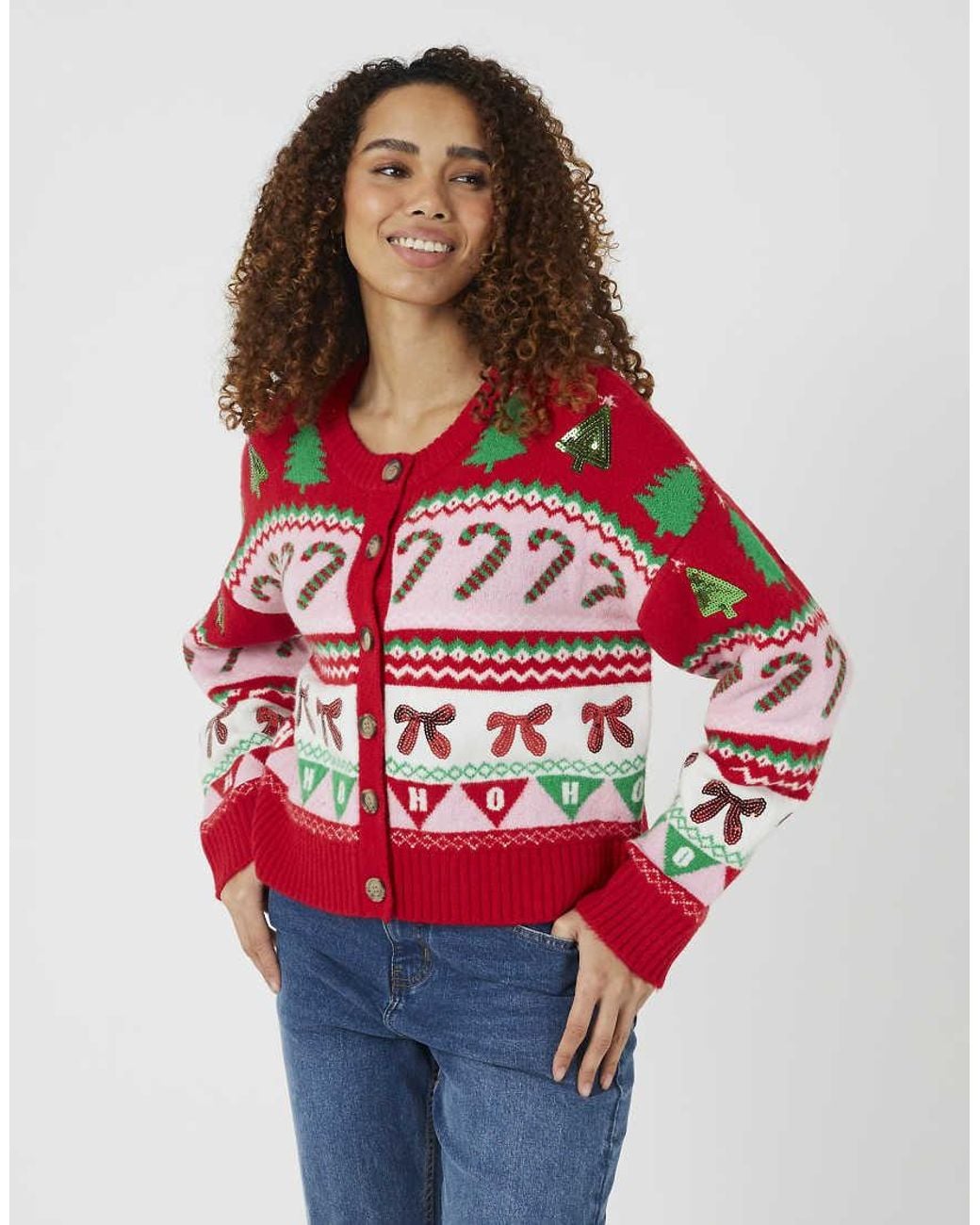 Brave Soul Red Festive Jacquard Knit Christmas Cardigan