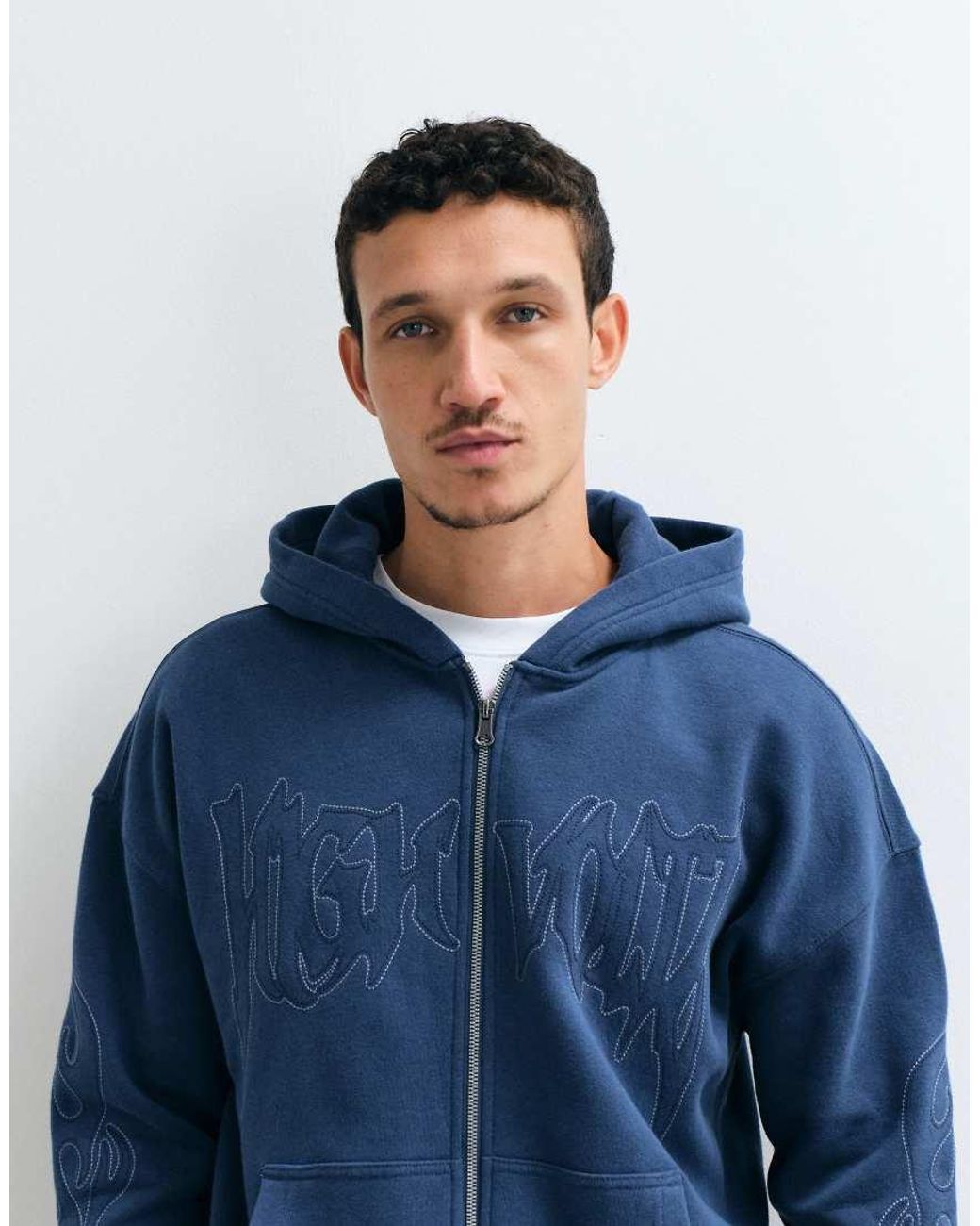 Hollister Blue Logo Boxy Fit Hoodie With Sleeve Detail for men