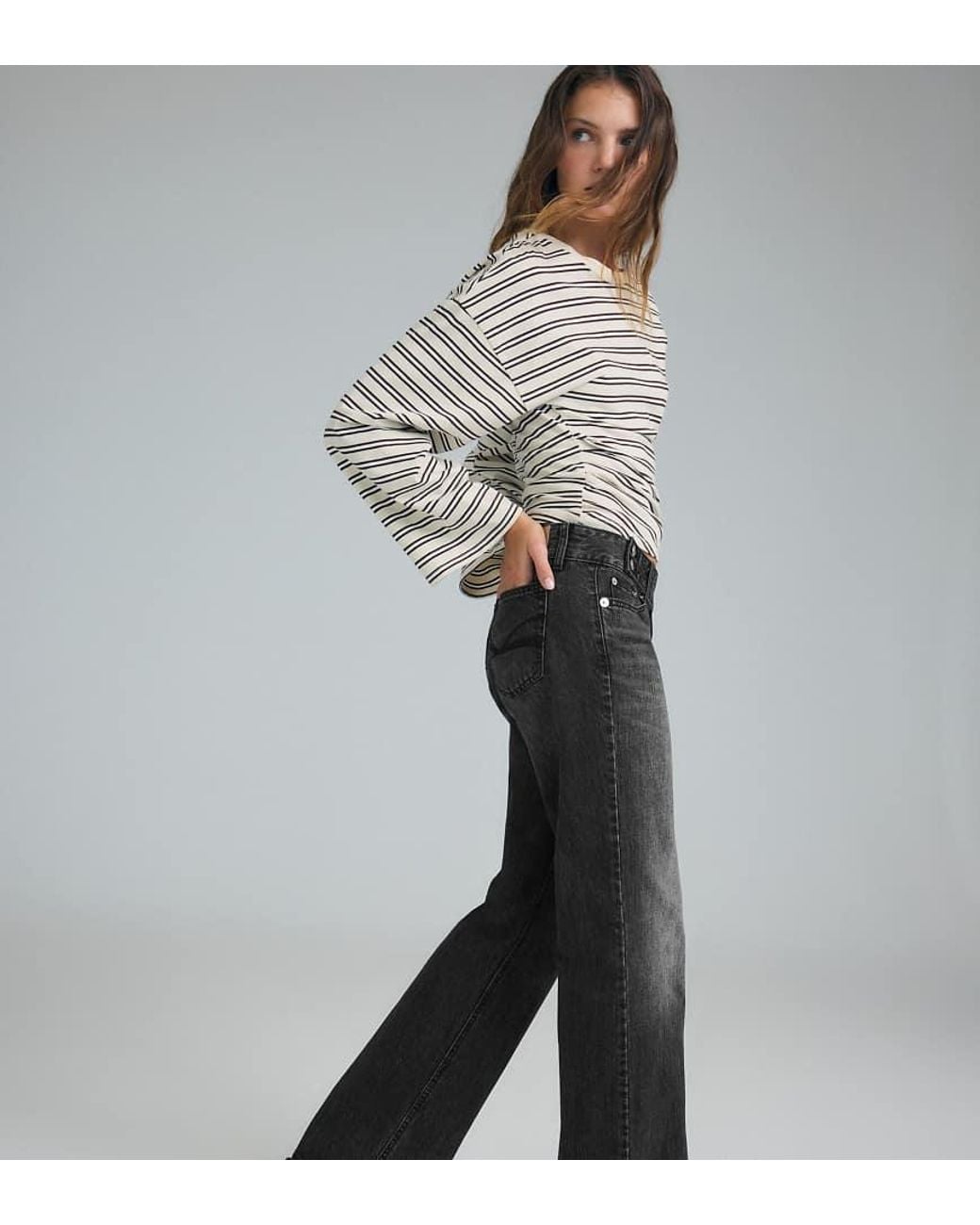 Stradivarius Gray Low-rise Straight-leg Jeans With Hammer Waistband