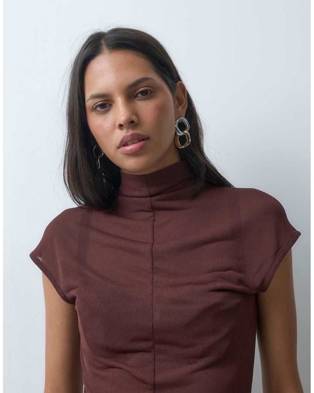 ASOS Brown Sheer High Neck Short Sleeve Top With Seam Detail