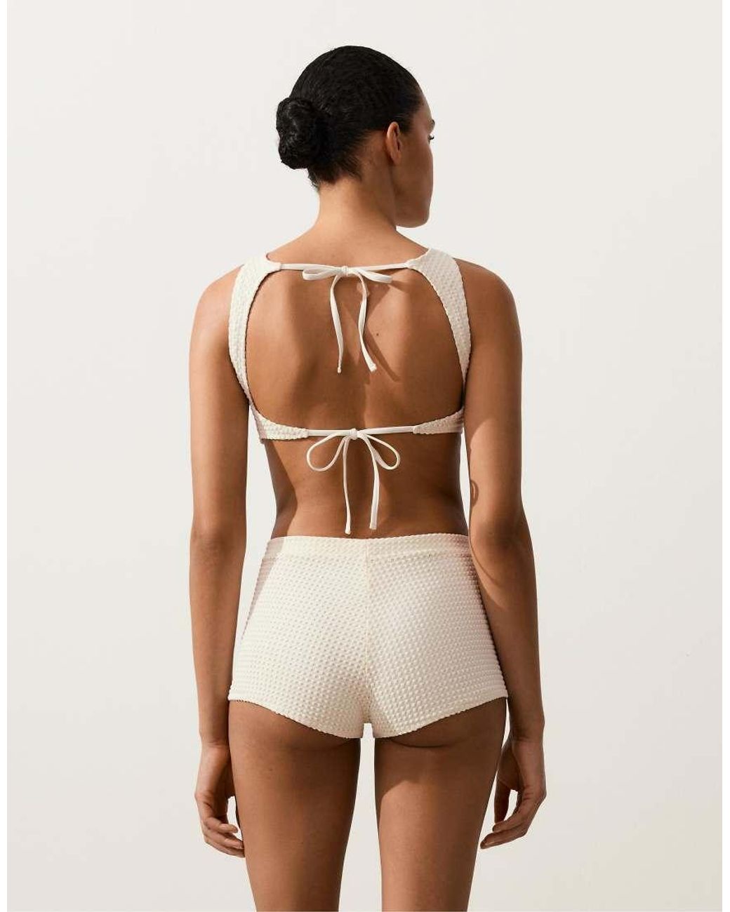 Oysho White Bubble-Texture Crochet Bikini Top