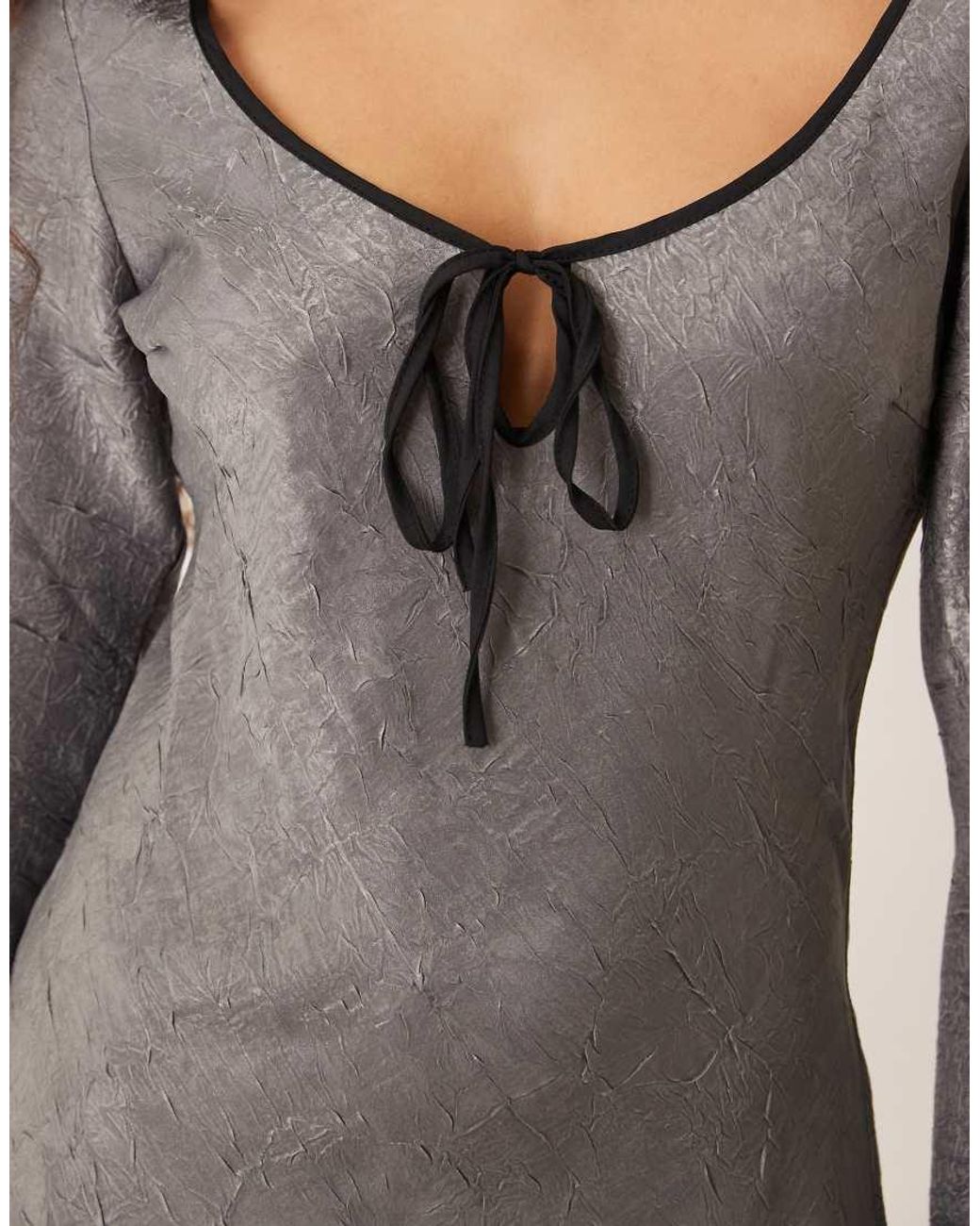 ASOS Gray Satin Long Sleeve Scoop Neck Swing Dress