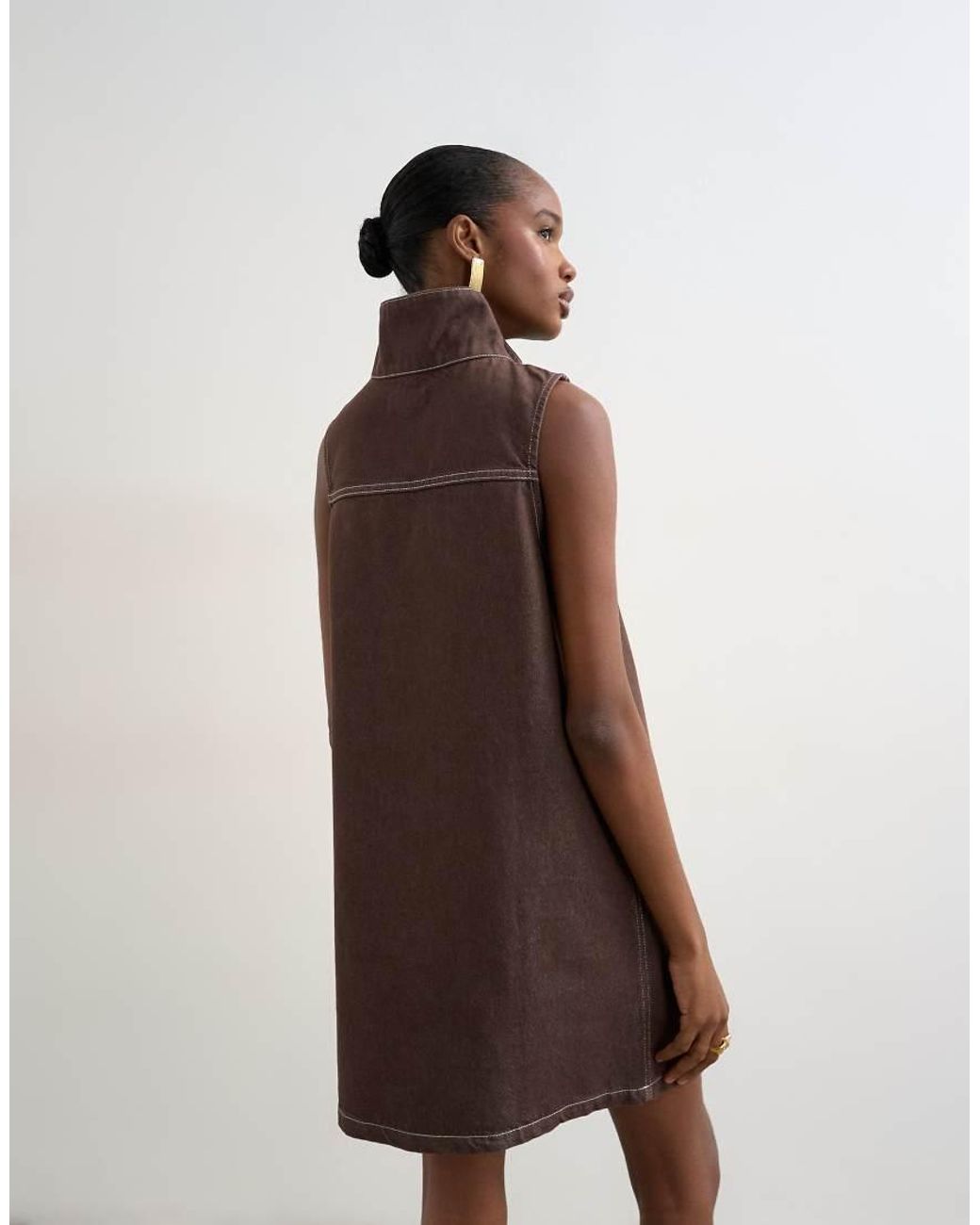 TOPSHOP Brown Denim Funnel Neck Pinny Dress Choc Rinse