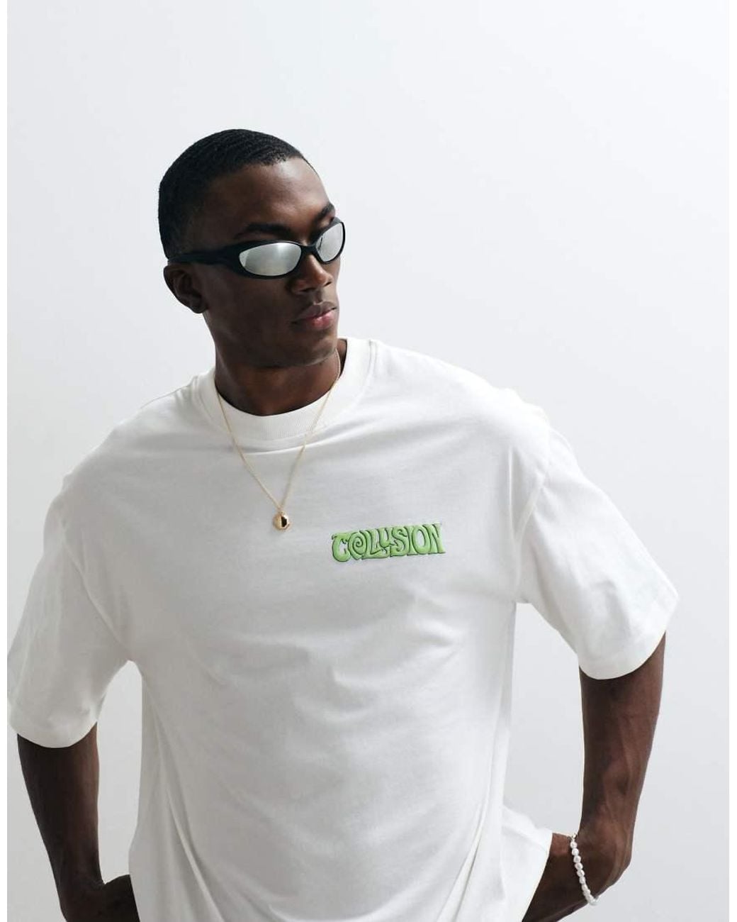Collusion White Black Surf Graphic Oversized Short Sleeved T-shirt for men