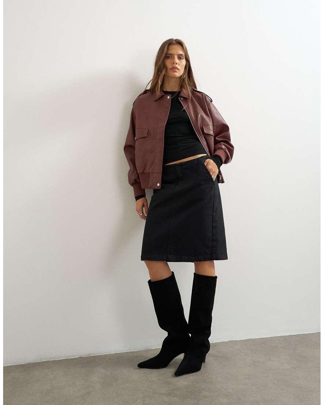 TOPSHOP Brown Oversized Faux Leather Bomber Jacket