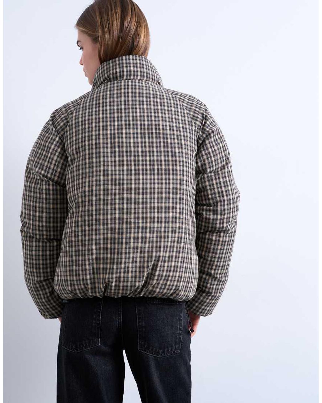 TOPSHOP Gray Micro Check Funnel Neck Puffer Jacket